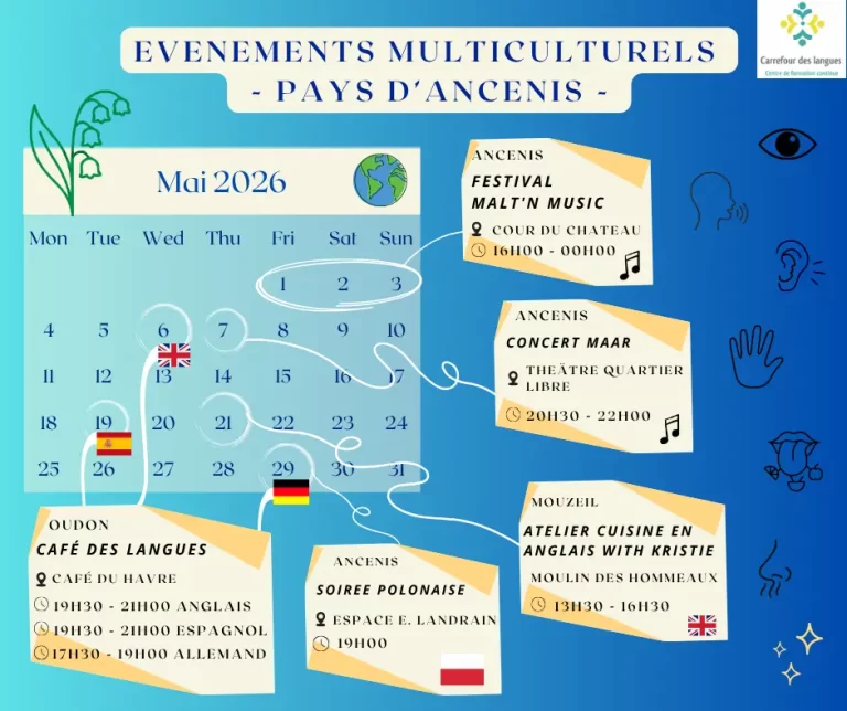 Calendrier des événements culturels et linguistiques du mois de mai 2026